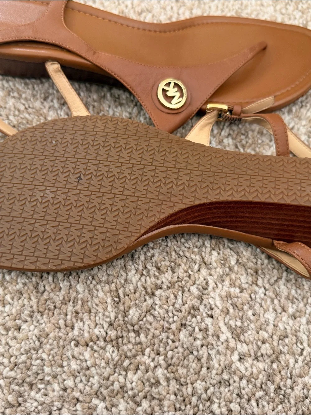 Michael Kors Cognac Leather T-strap Sandals with Gold Logo